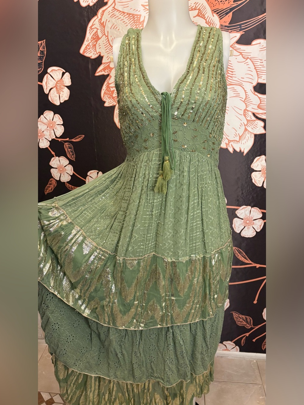 NWT Gorgeous Sage Green and Gold Resort Luxe Tiered Embellished Maxi Dress - Picture 6 of 16